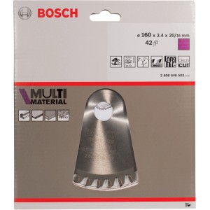 Lama per sega circolare Bosch Multi Material, 160 mm, 42 denti, per tagli precisi in vari materiali.