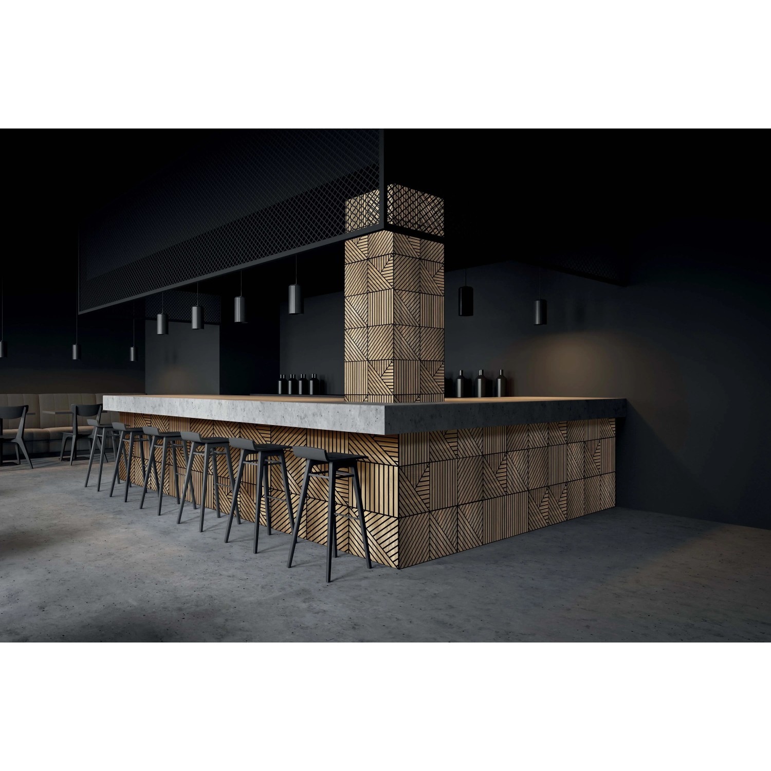 Bar con pannelli decorativi t.b.t. effetto legno e motivo geometrico.