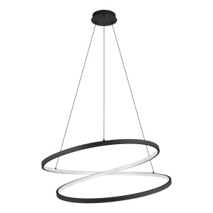 Moderna lampada a sospensione t.b.t. con due anelli intrecciati in nero.