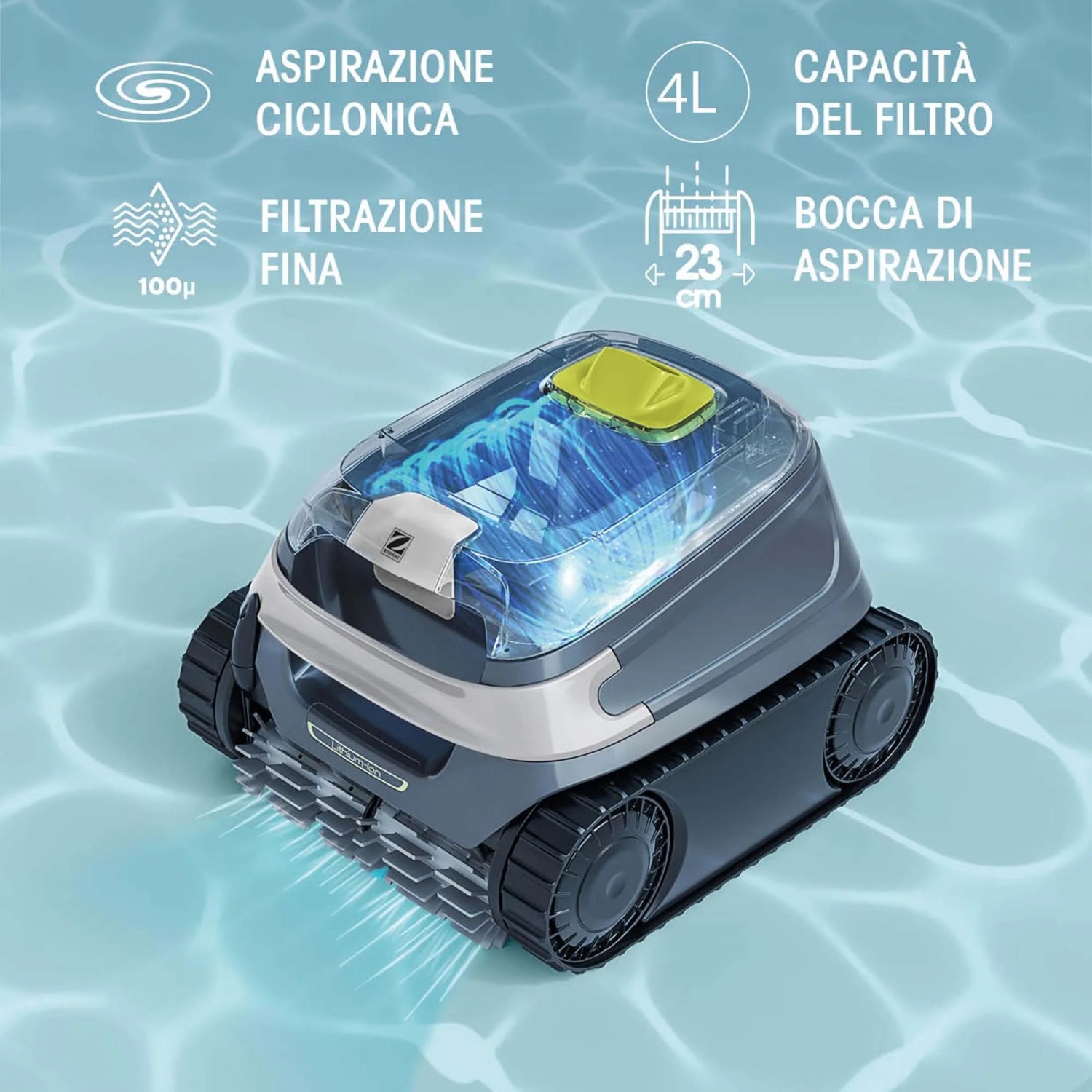 Robot per piscina a batteria Zodiac CNX-Li 5220 iQ grigio. Pulitore per piscina senza fili con cingoli.