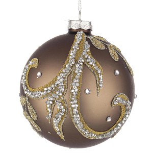 Palla di Natale marrone con decorazioni dorate e pietre preziose per decorazioni festive.