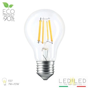 Lampadina LED E27 con bulbo in vetro trasparente e filamenti a vista.