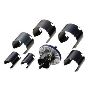 Set di seghe a tazza da 9 pezzi (25-62 mm) per legno, include piastra di montaggio e punta da trapano.