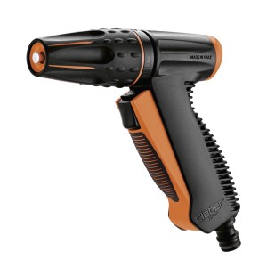 Pistola a spruzzo nera e arancione per irrigazione giardino.