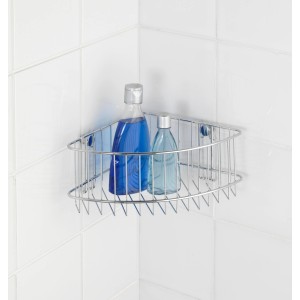Mensola angolare cromata con due flaconi blu come accessorio per parete e contenitori.
