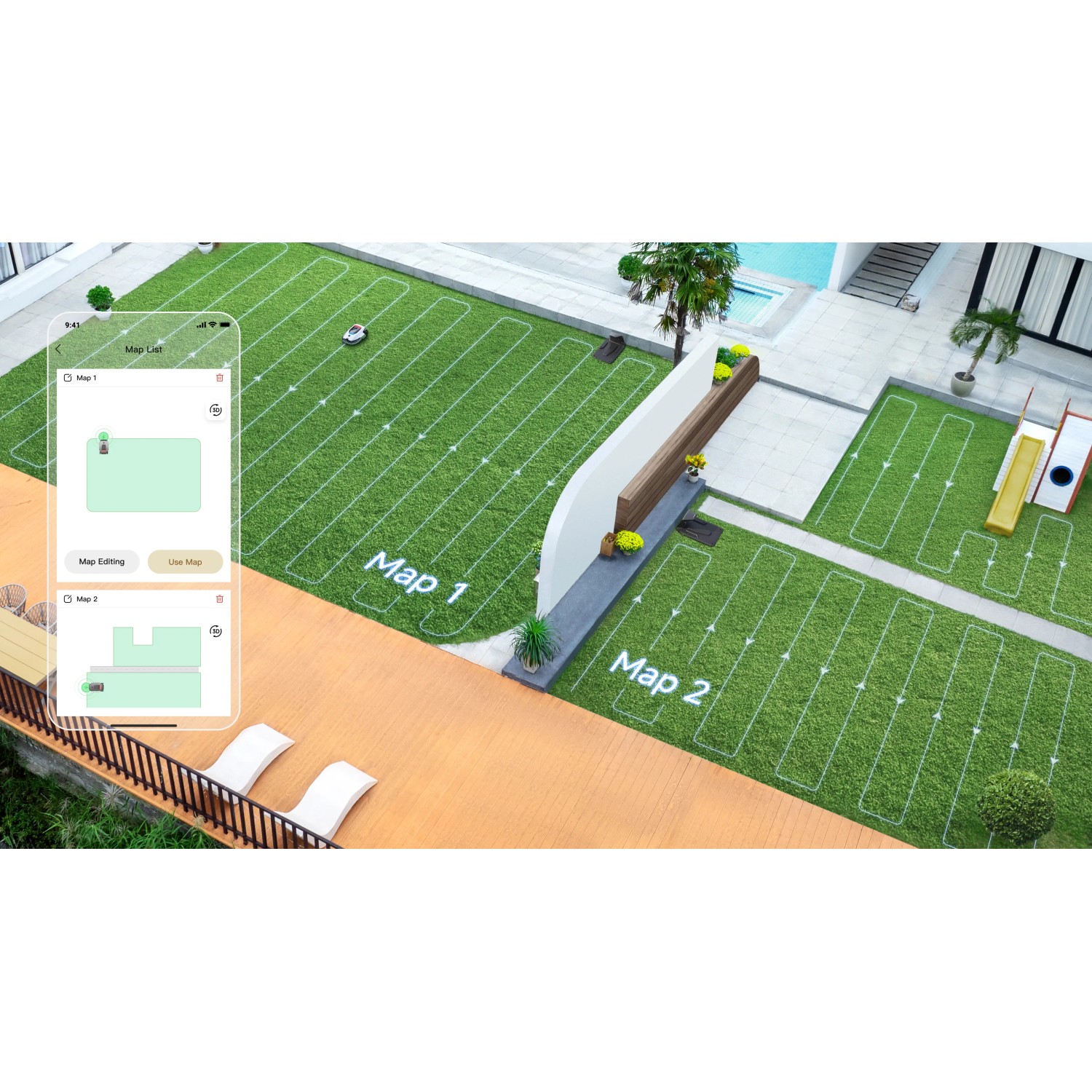 Dreame robot tagliaerba A2 in azione con visualizzazione mappa su smartphone. Cura del giardino intelligente.