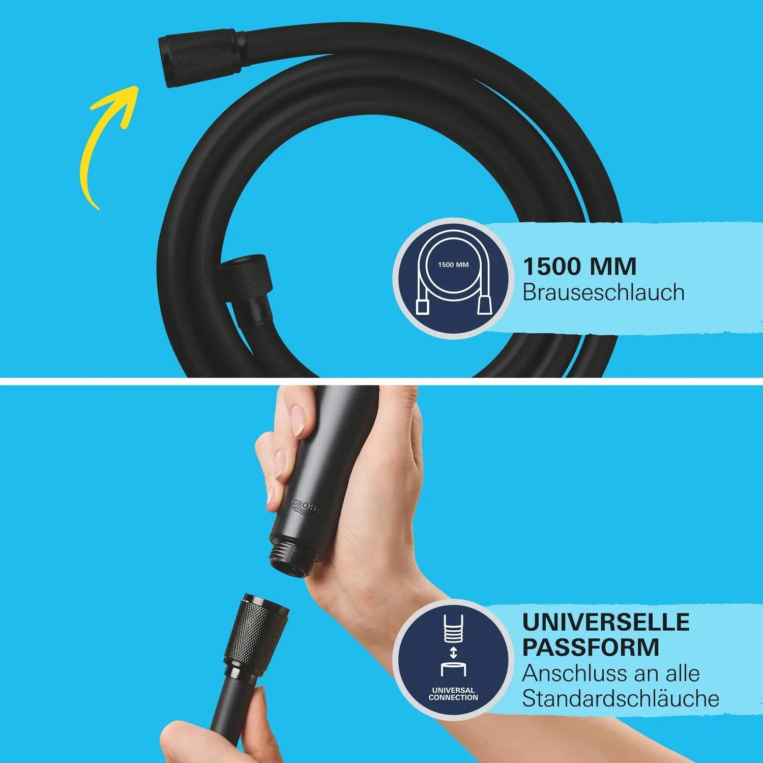 Grohe VitalioFlex Trend, flessibile doccia, 150 cm, nero opaco, anti-torsione, con attacco universale.