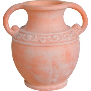 Vaso rustico in terracotta con due manici e motivo decorativo.