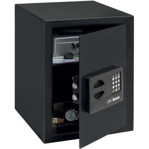 Cassaforte per mobili Burg-Wächter Favor S 7 E nera aperta, con serratura elettronica e contenuto.