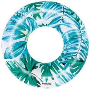 Ciambella gonfiabile Tropical Palms Bestway con design a foglie tropicali per divertimento in piscina.