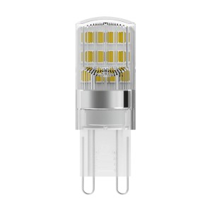 Lampadina LED G9, design trasparente con elementi in metallo.