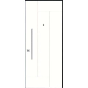 Porta blindata bianca con telaio nero e design moderno.