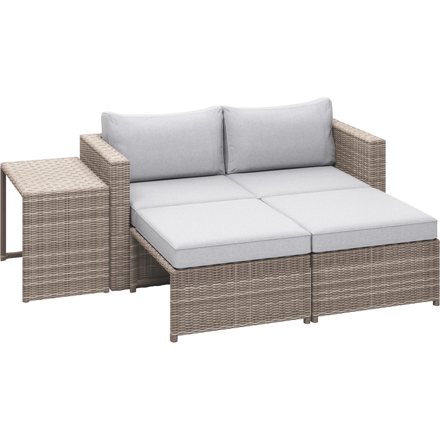Set lounge Olea Compact 3 pezzi in polyrattan con tavolo e cuscini grigi.