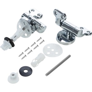 Set di fissaggio sedile WC baliv per chiusura rallentata e funzione rimovibile, composto da cerniere, viti e guarnizioni.