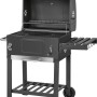 Grill a carbone Jamestown Jaxon grigio scuro con coperchio aperto, ripiano laterale e ruote. Ideale per giardino.