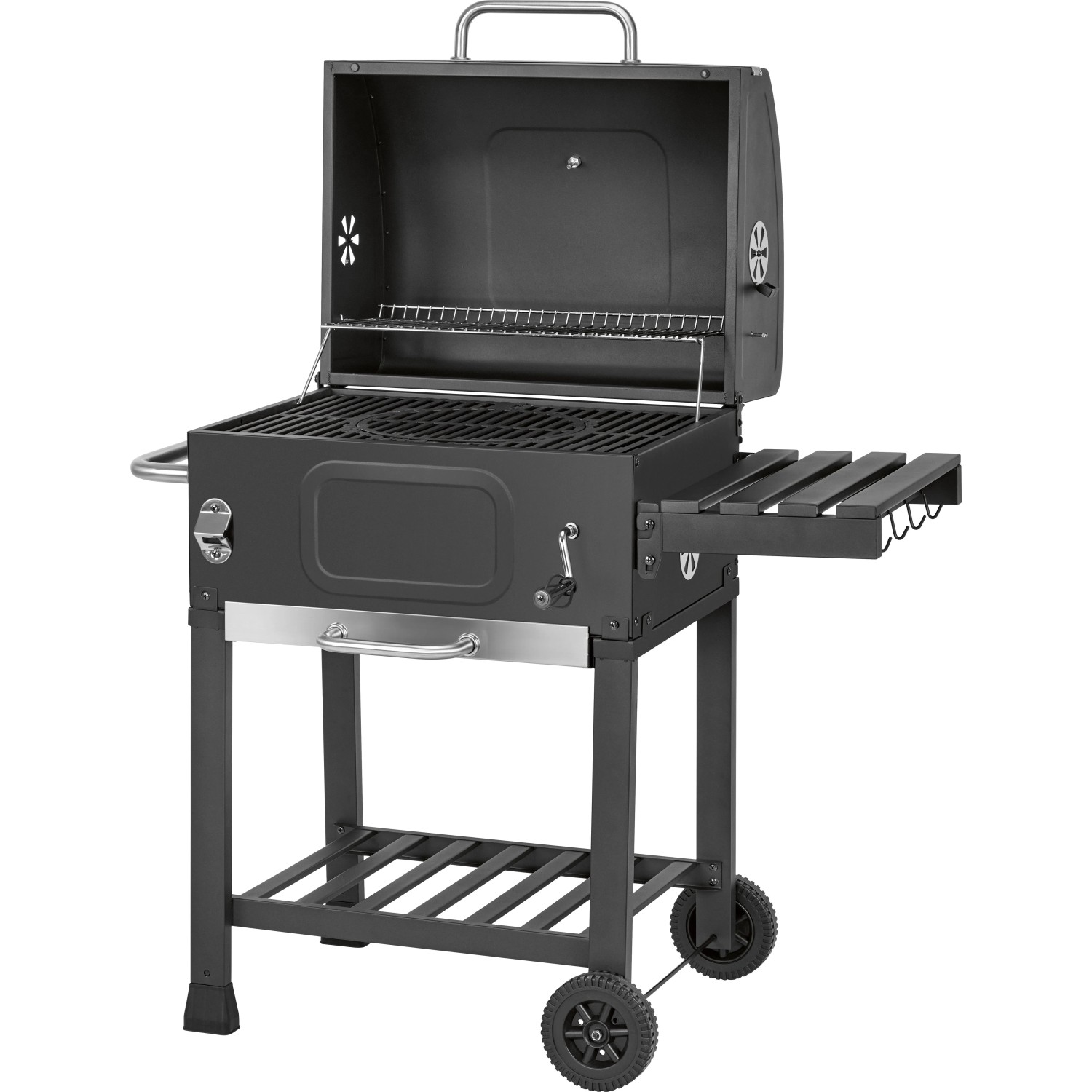 Grill a carbone Jamestown Jaxon grigio scuro con coperchio aperto, ripiano laterale e ruote. Ideale per giardino.