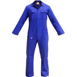 Tuta da lavoro blu con zip e tasche.