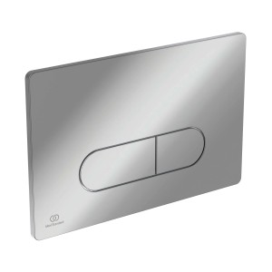Placca di comando WC cromata con due pulsanti per cassette ad incasso.