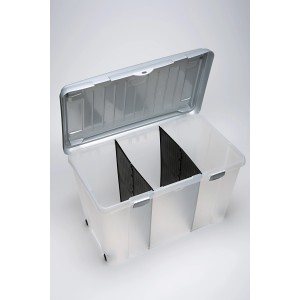 Contenitore trasparente t.b.t. con coperchio e scomparti per l'organizzazione.