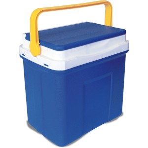 Frigorifero portatile blu per attrezzatura da campeggio con manico giallo.