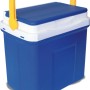 Frigorifero portatile blu per attrezzatura da campeggio con manico giallo.