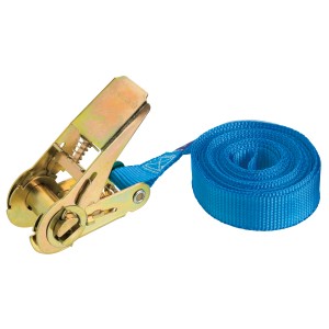 Cinghia di fissaggio blu (25mm x 5m) con cricchetto color oro per viaggio e trasporto.
