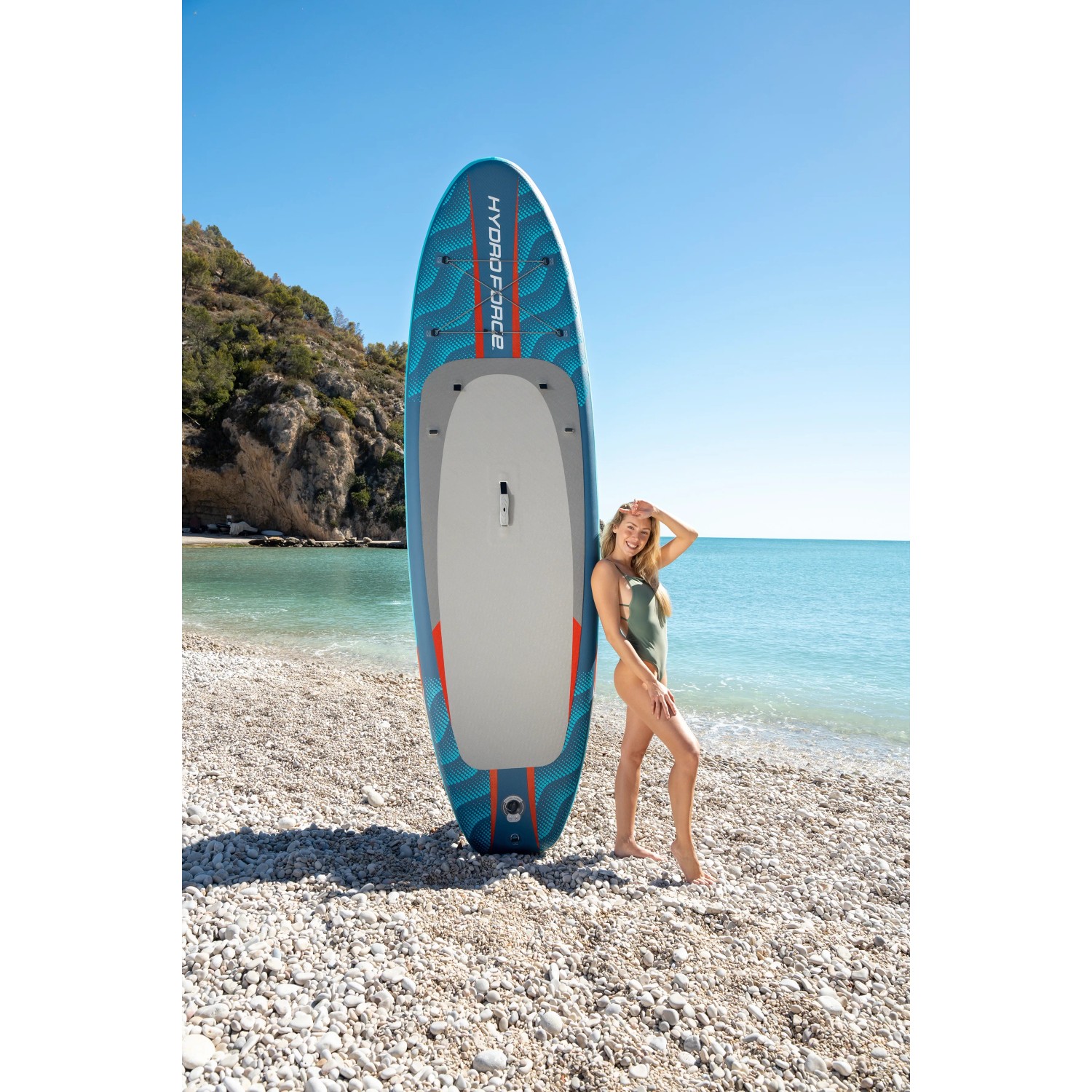 Set Bestway SUP board Oceana con sedile, 305 cm, su spiaggia con donna. Ideale per stand up paddling.