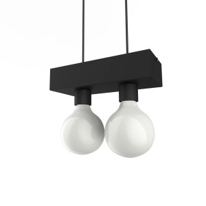 Moderna lampada a sospensione t.b.t. con due lampade rotonde bianche sotto una barra nera.
