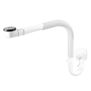 Sifone bianco per lavabo con tubo flessibile e valvola di scarico.