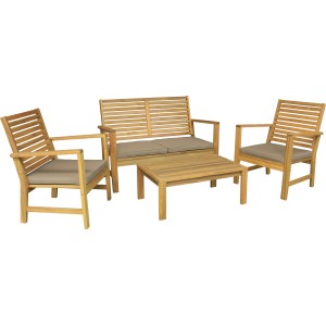 t.b.t. Set di mobili da giardino in legno con cuscini, composto da divanetto, due sedie e tavolo.