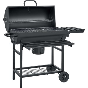 Barbecue a carbone nero con ripiano e ruote per un facile trasporto.