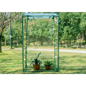 Piccola serra t.b.t. verde con piante in giardino.