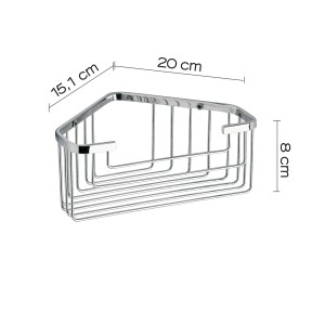 Mensola angolare cromata per accessori bagno e contenitori a parete.
