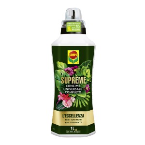 COMPO Supreme concime universale, flacone da 1L con motivi di piante.