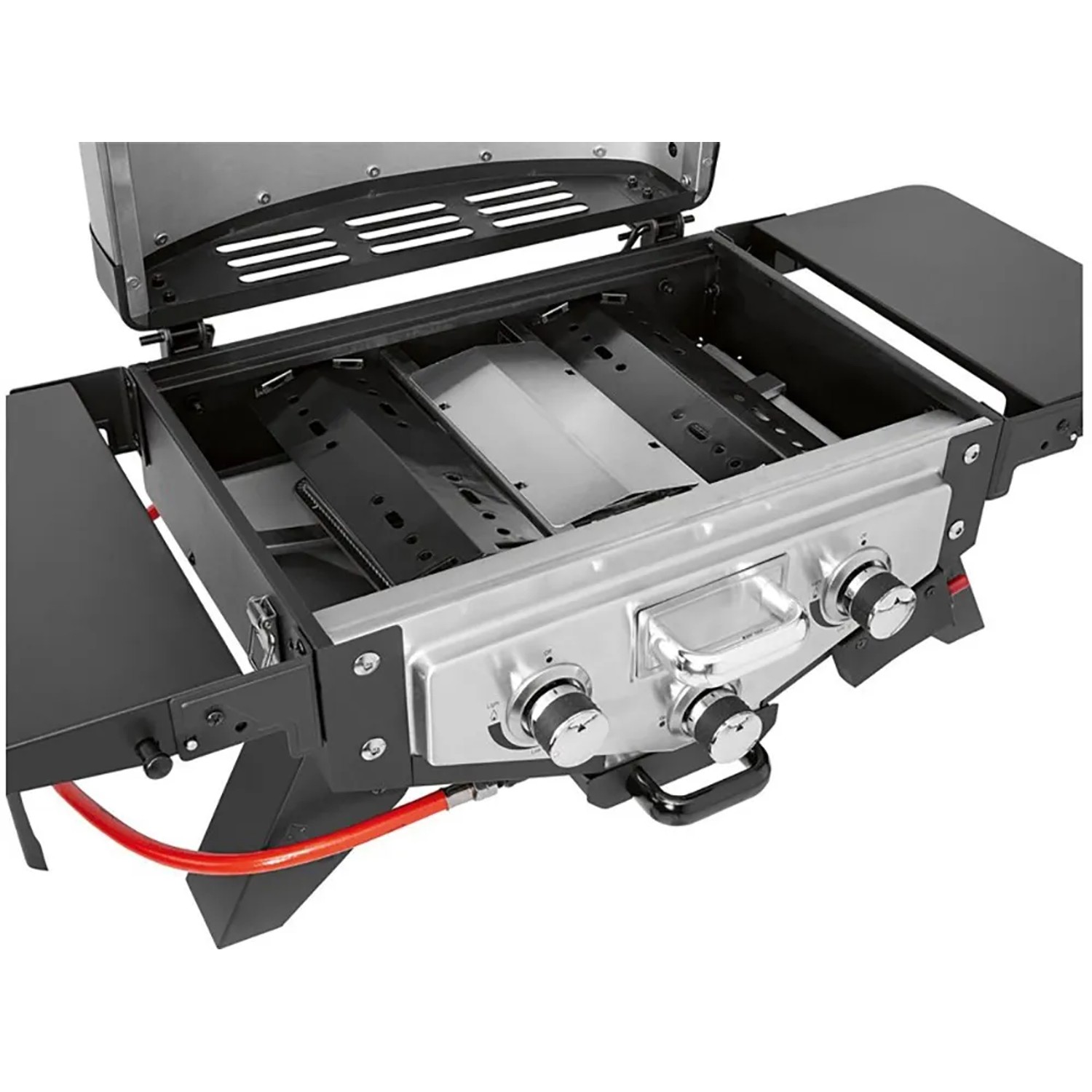 Barbecue a gas t.b.t. con ripiani e coperchio aperto.