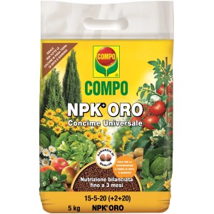 COMPO NPK ORO concime universale, sacco da 5kg. Ideale per ortaggi, frutta e piante ornamentali in giardino.