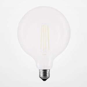Lampadina LED E27 trasparente, t.b.t., con effetto filamento per luce d'atmosfera.