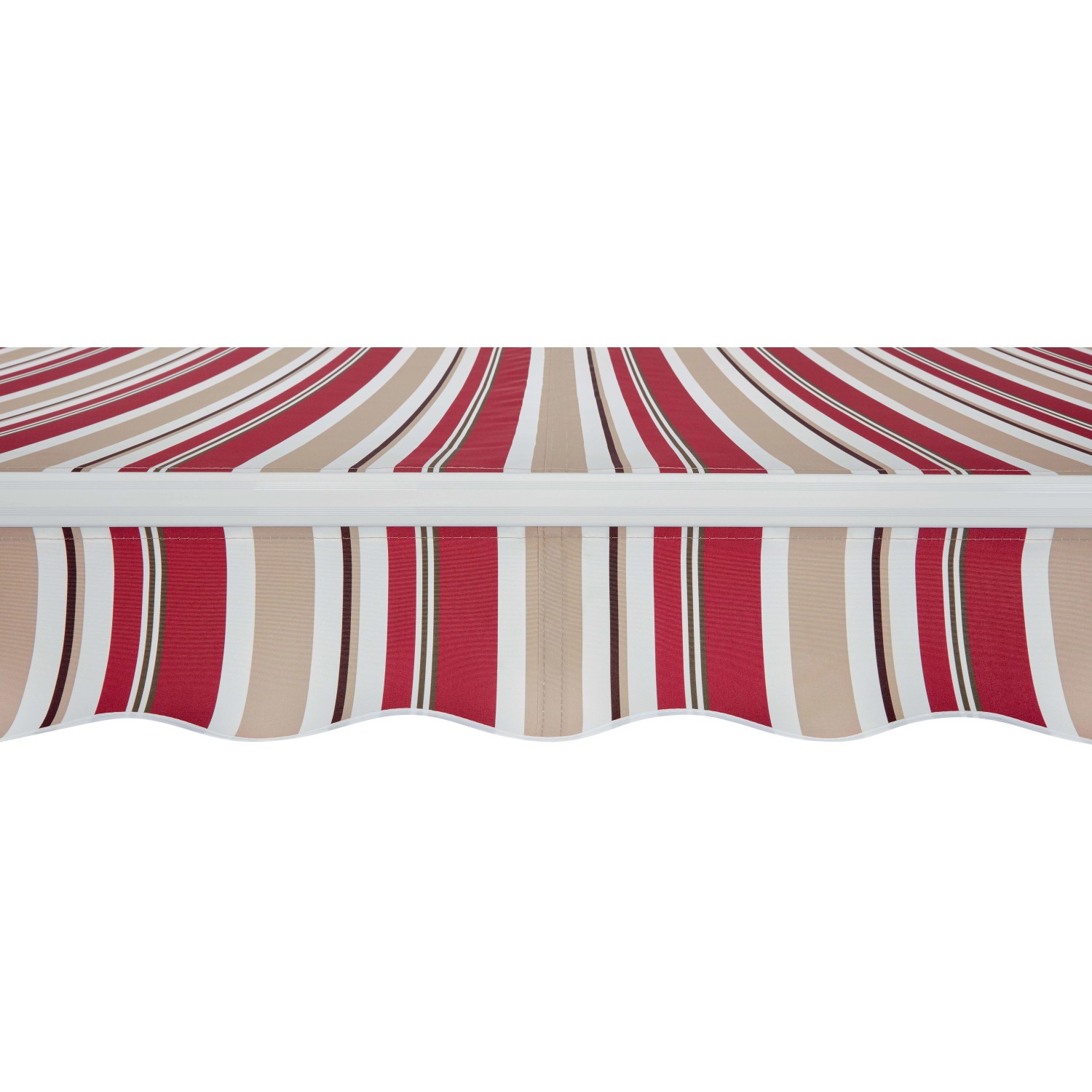 Dettaglio di una tenda da sole t.b.t. a strisce rosse e beige.