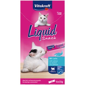 Vitakraft Liquid Snack Salmone, 6 pezzi. Snack cremoso per gatti con salmone e Omega-3 per pelo e pelle.