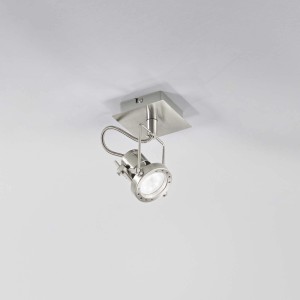 Faretto moderno t.b.t. in metallo argentato per montaggio a soffitto.