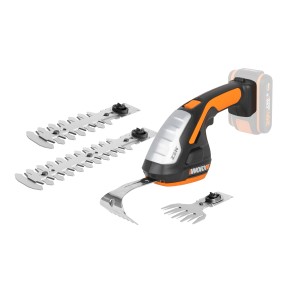 Cesoie a batteria per erba e arbusti con vari accessori.