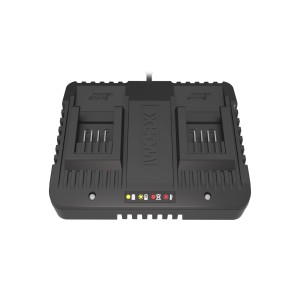 Caricabatterie doppio WORX per batterie di elettroutensili, carica due batterie contemporaneamente.
