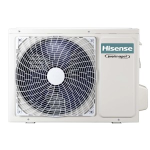 Unità esterna del condizionatore Hisense, Inverter Expert, frontale bianco con griglia della ventola.