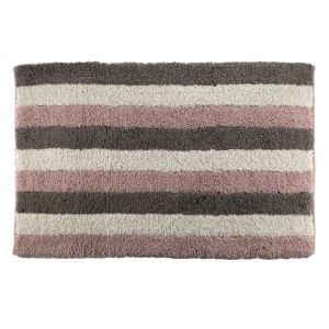 Tappeto da bagno a righe grigio, rosa e beige.