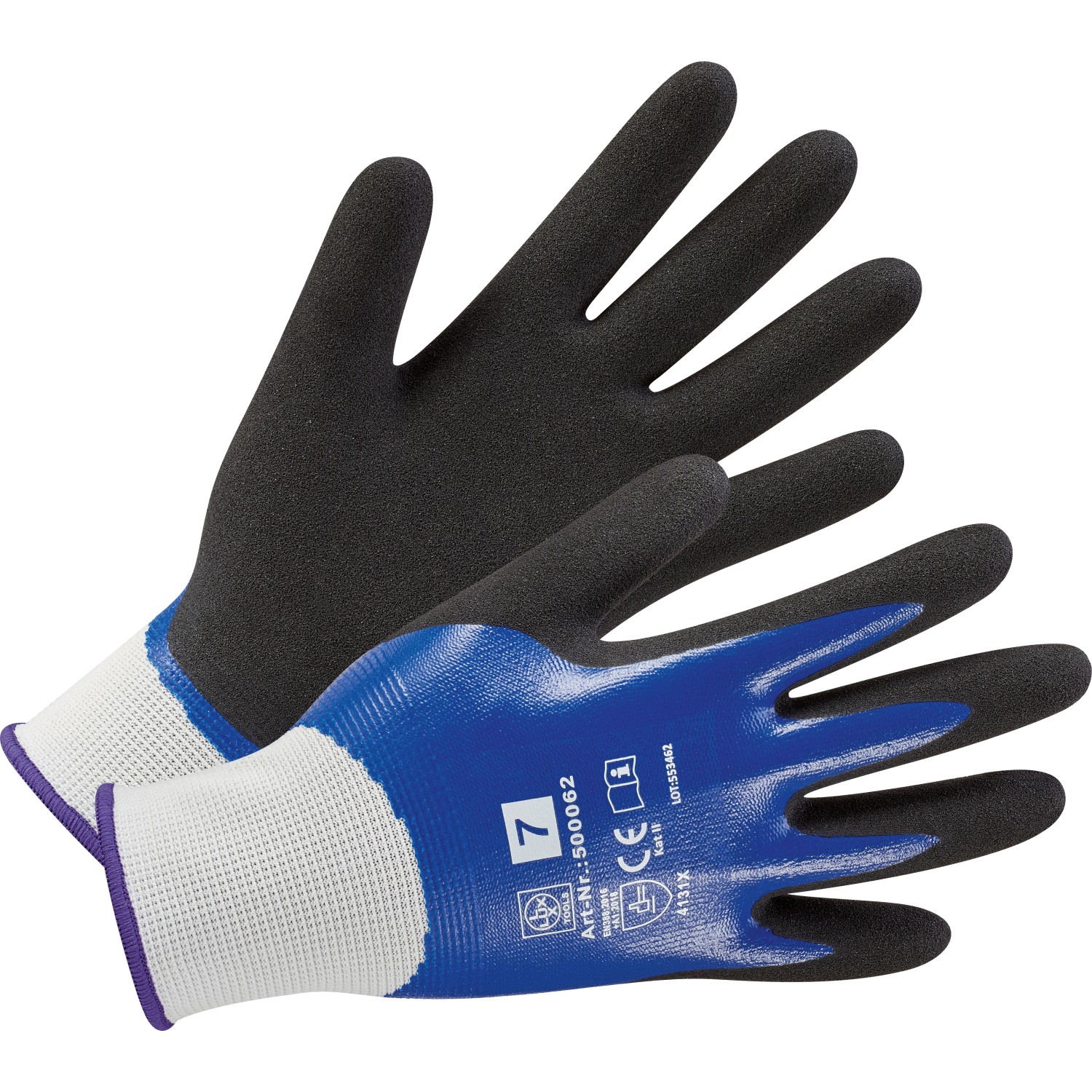 Guanti da giardino blu e neri con rivestimento in nitrile, taglia 7.