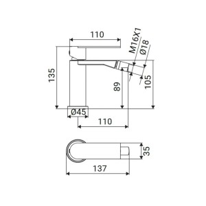 Disegno tecnico del bidet con dimensioni.