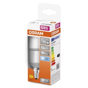 Lampadina LED E14 Osram, 75W, Cool White nella confezione.