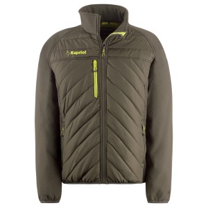 Giacca Kapriol verde oliva con motivo trapuntato e cerniere gialle per giardinaggio.
