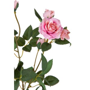 Rosa artificiale decorativa rosa con foglie verdi. Ideale per composizioni floreali.