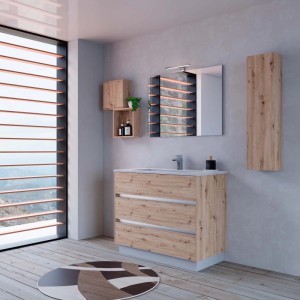Set di mobili da bagno moderni con mobile lavabo, specchiera e pensile effetto legno.
